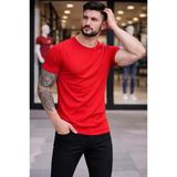 Erkek Kırmızı Bisiklet Yaka Slim Fit Dar Kesim Likralı Günlük Basic Body Tişört