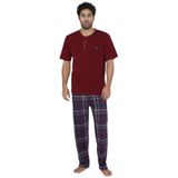 Erkek Kısa Kol Penye Süprem Bordo Ekose Düğmeli Pijama Takımı