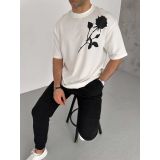 Erkek Kısa Kol Tişört Bisiklet Yaka Gül Baskılı Oversize T-Shirt - Beyaz