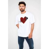 Erkek Kısa Kol Tişört Bisiklet Yaka Kalp Baskılı Oversize T-Shirt - Beyaz