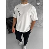 Erkek Kısa Kol Tişört Bisiklet Yaka Yıldırım Baskılı Oversize T-Shirt - Beyaz