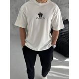 Erkek Kısa Kol Tişört Bisiklet Yaka Yonca Baskılı Oversize T-Shirt - Beyaz
