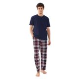 Erkek Kısa Kollu Ekose Desenli Pamuklu Pijama Takımı Lacivert S