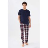 Erkek Kısa Kollu Ekose Desenli Pamuklu Pijama Takımı Lacivert XL