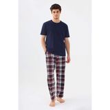 Erkek Kısa Kollu Ekose Desenli Pamuklu Pijama Takımı - Lacivert