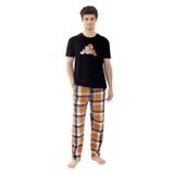Erkek Kısa Kollu Pamuklu Ekose Desenli Ayıcık Baskılı Pijama Takımı KO60101 Bal Ekose Ayıcık Desen XL
