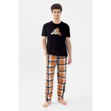 Erkek Kısa Kollu Pamuklu Ekose Desenli Ayıcık Baskılı Pijama Takımı - XL