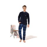 Erkek Kışlık Düğmeli Yaka Kareli Alt Polar Pijama Takımı Lacivert 2XL