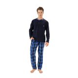 Erkek Kışlık Düğmeli Yaka Kareli Alt Polar Pijama Takımı Lacivert M