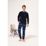 Erkek Kışlık Düğmeli Yaka Kareli Alt Polar Pijama Takımı Lacivert XL