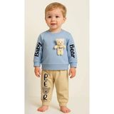 Erkek Kız Bebek 2'li Takım – Peluş Ayıcık Detaylı Sweatshirt ve Eşofman Altı - 6 - 9 Ay - Mavi