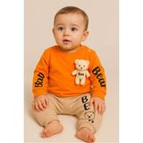 Erkek Kız Bebek 2'li Takım – Peluş Ayıcık Detaylı Sweatshirt ve Eşofman Altı - 6 - 9 Ay - Turuncu