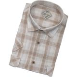 Erkek Klasik Bol Kesim Çift Cepli Ekoseli Kısa Kollu Gömlek - 4XL - Bej - Beyaz