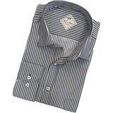 Erkek Klasik Geniş Rahat Kesim Cepli Çizgili Uzun Kollu Pamuk Gömlek - Beyaz - Siyah - 2XL