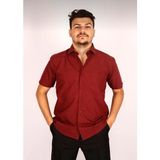 Erkek Klasik Kesim Dakron Kumaş Tek Cepli Kısa Kol Gömlek - Bordo - 2XL