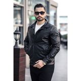 Erkek Klasik Yaka Düğmeli Siyah Deri Ceket - XL