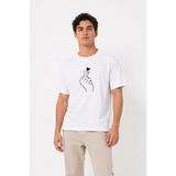 Erkek Kore Parmak Kalp Aşk Temalı Minimal Baskılı Tişört Yazlık Kısa Kol T-Shirt - Beyaz - 2XL