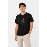 Erkek Kore Parmak Kalp Aşk Temalı Minimal Baskılı Tişört Yazlık Kısa Kol T-Shirt - Siyah - XL