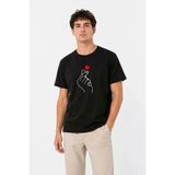 Erkek Kore Parmak Kalp Aşk Temalı Minimal Baskılı Tişört Yazlık Kısa Kol T-Shirt - Siyah