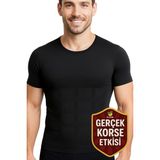 Erkek Korse Atlet Göğüs Jinekomasti ve Göbek Karın Toparlayıcı Fit Görünüm Kısa Kollu - Siyah