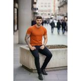 Erkek Koyu Turuncu Bisiklet Yaka Slim Fit Dar Kesim Likralı Günlük Basic Body Tişört