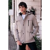 Erkek Krem Pamuk Polyester Karışımlı Kürklü Çıkartılabilir Kapüşonlu Mont&kaban - 2XL