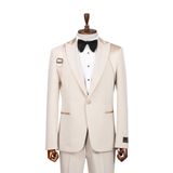 Erkek Krem Rengi Smokin Takım Elbise, Tek Düğme Slim Fit, 54