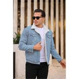 Erkek Kürklü Denim Kot Mont – Kışlık Sıcak ve Şık Dış Giyim - Buz Mavi - Krem