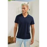Erkek Lacivert %100 Pamuk V Yaka T-Shirt - XL