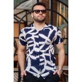 Erkek Lacivert Beyaz Batik Desen Esnek Krep Bürümcük Kumaş İnce Gömlek 25Egmlgımm
