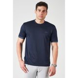 Erkek Lacivert Bisiklet Yaka Kol Yaka Şeritli Kagi Kumaş Tişört - 2XL