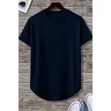 Erkek Lacivert Bisiklet Yaka Oval Etek Salaş %100 Pamuk Basic T-Shirt - XL