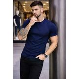 Erkek Lacivert Bisiklet Yaka Slim Fit Dar Kesim Likralı Günlük Basic Body Tişört