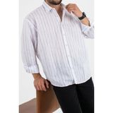 Erkek Lacivert Çizgili Gömlek Rahat Kesim Yazlık Nefes Alan Şık Günlük Kombin Minimal - Beyaz - 2XL