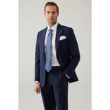 Erkek Lacivert Çizgili Regular Fit%100 Yünlü Mono Yaka Takım Elbise