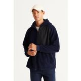 Erkek Lacivert Oversize Bol Kesim Kapüşonlu Sherpa Polar Sweatshirt Ceket