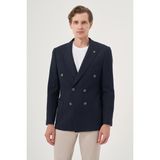 Erkek Lacivert Poliviskon Kruvaze Desenli Slim Fit Sivri Yaka Ceket