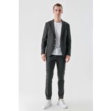 Erkek Lacivert Poliviskon Trend Çizgili Desen Slim Fit Mono Yaka Takım Elbise
