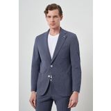 Erkek Lacivert Poliviskon Trend Çizgili Slim Fit Mono Yaka Takım Elbise