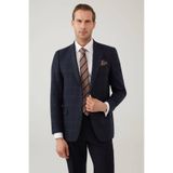 Erkek Lacivert Regular Fit Mono Yaka Kareli Yün Karışımlı Ceket