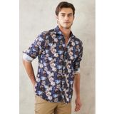 Erkek Lacivert Slim Fit Dar Kesim Italyan Yaka Baskili Gömlek