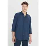 Erkek Lacivert Slim Fit Dar Kesim Klasik Yaka Kareli Pamuklu Gömlek