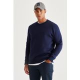Erkek Lacivert Standart Fit Normal Kesim Içi Polarlı 3 Iplik Bisiklet Yaka Pamuklu Sweatshirt