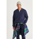Erkek Lacivert Standart Fit Normal Kesim Içi Polarlı 3 Iplik Kolej Yaka Pamuklu Sweatshirt Ceket
