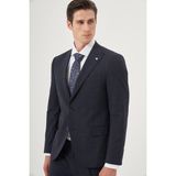 Erkek Lacivert Yünlü Trend Ekoseli Slim Fit Sivri Yaka Takım Elbise - 6 Drop - 48