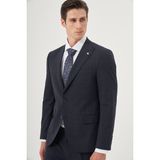 Erkek Lacivert Yünlü Trend Ekoseli Slim Fit Sivri Yaka Takım Elbise