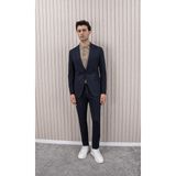 Erkek Likralı Beli Ipli Slim Fit Mono Yaka Takım Elbise - 46 - Lacivert