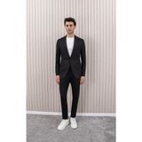 Erkek Likralı Beli Ipli Slim Fit Mono Yaka Takım Elbise - 58 - Siyah