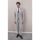 Erkek Likralı Slim Fit Sivri Yaka Yelekli Takım Elbise - 48 - Açık Bej