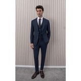 Erkek Likralı Slim Fit Sivri Yaka Yelekli Takım Elbise - 48 - Açık Lacivert